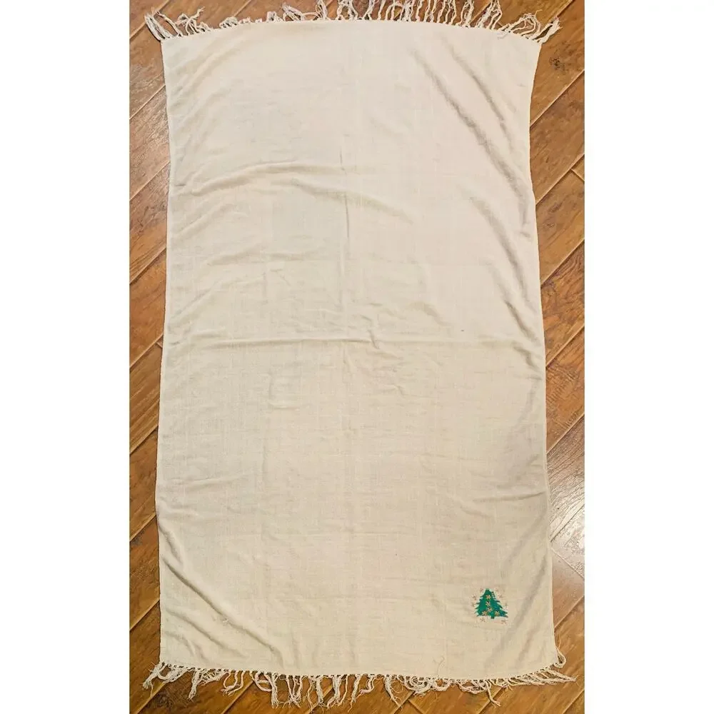 Christmas Blanket Throw Homespun Beige Oatmeal Tree Stars Tassels Light Decor